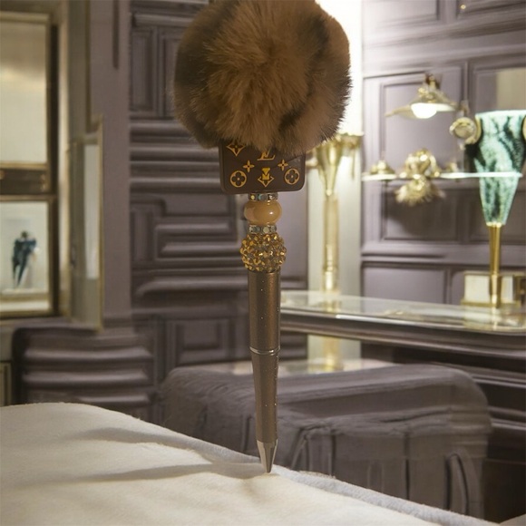 Chic Brown Sparkly Fashion Pen with Pom Pom - Picture 4 of 5